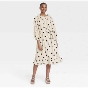 WHO WHAT WEAR Cotton Polka Dot Black Cream Bohemian Pockets Midi Dress M